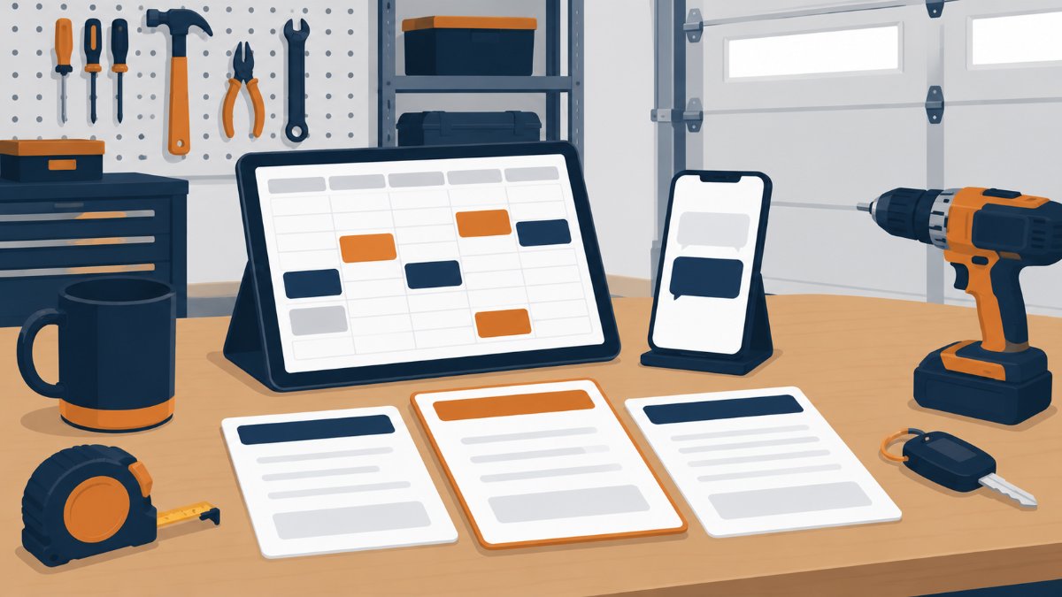 Flat illustration of a garage office workbench with a tablet calendar and three blank plan cards for a Housecall Pro pricing guide