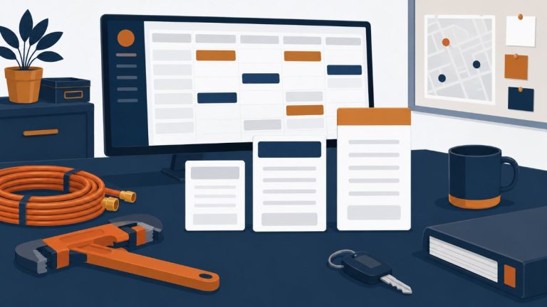 Flat illustration of an HVAC and plumbing dispatch desk with three blank plan cards for a ServiceTitan pricing guide
