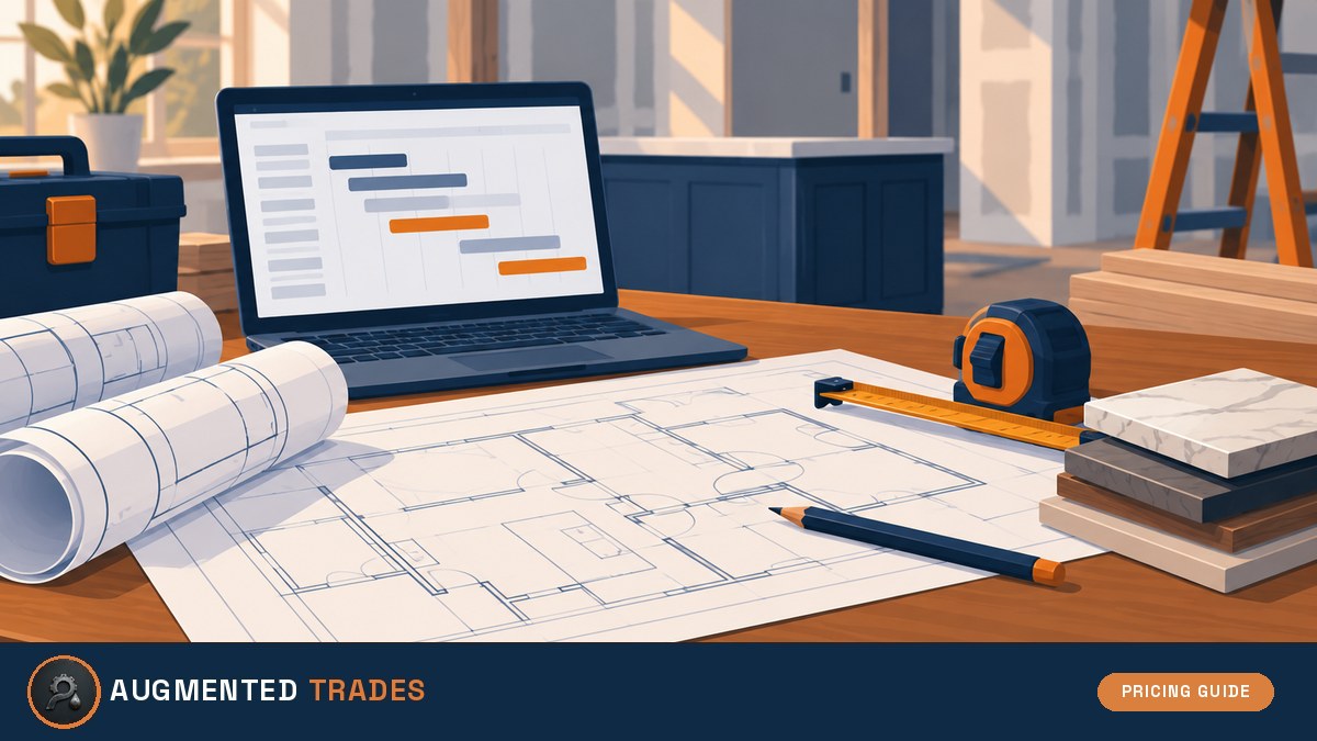 Illustration of blueprints, a laptop timeline and a tape measure for a JobTread pricing guide