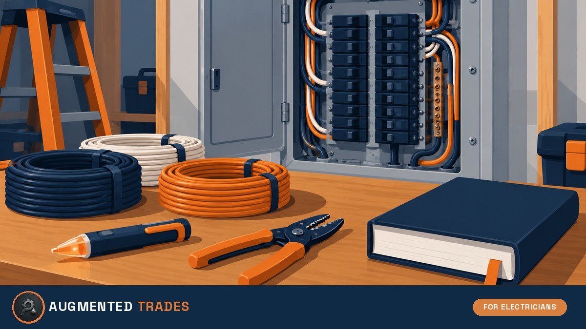 Illustration of an open electrical panel, wire coils and a code book for a 2026 NEC adoption guide