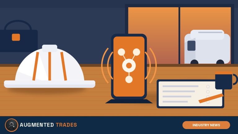 Illustration of a hard hat, phone with connected AI agent icons and a clipboard on a contractor desk, representing ServiceTitan Max